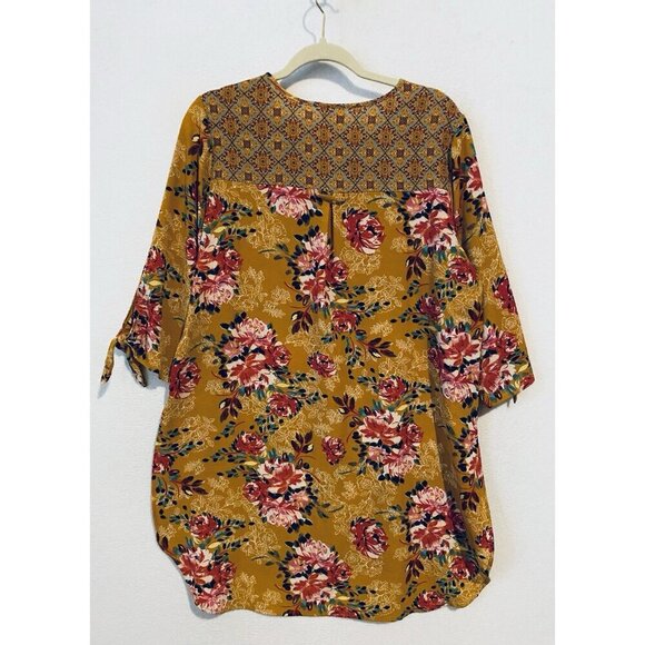 Fig And Flower Anthropologie Top Womens XL Yellow Red Floral Tunic Tie Cuff Boho - Picture 4 of 8